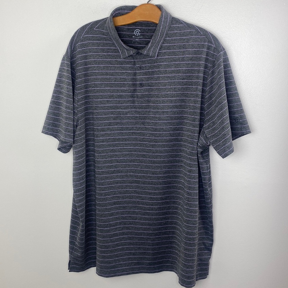 Champion Mens Gray & Purple Striped Polo Shirt XXL Polyester Spandex Blend